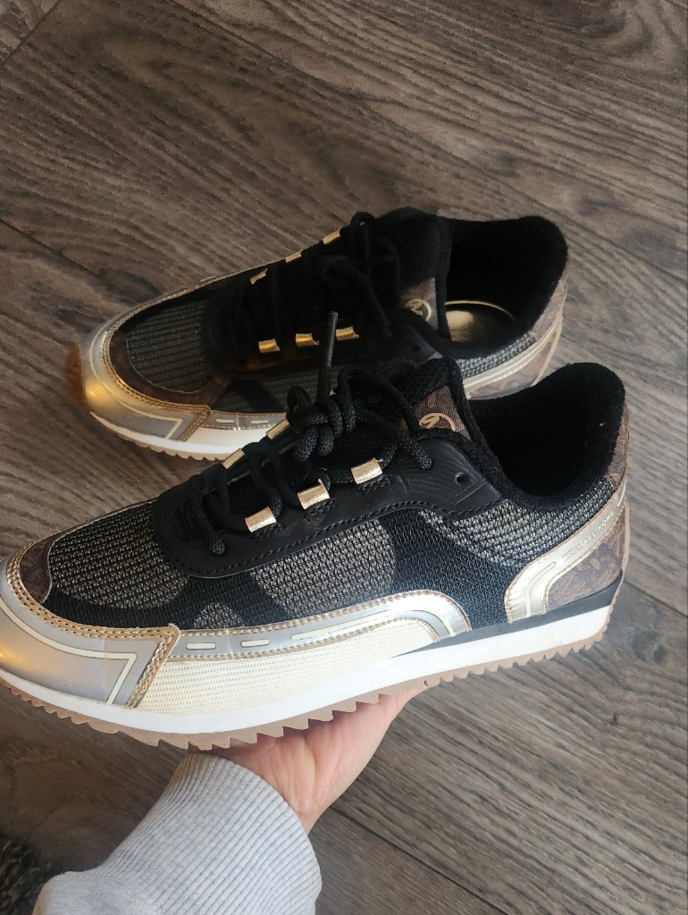 MICHAEL Michael Kors Black, Gold & Tan Byrdie Mixed-Media Trainer Womes 10M